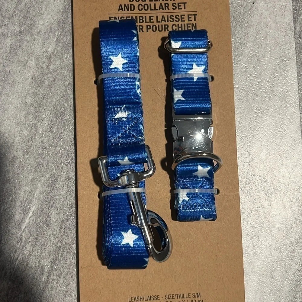 Blue & white stars leash and collar set metal small/medium